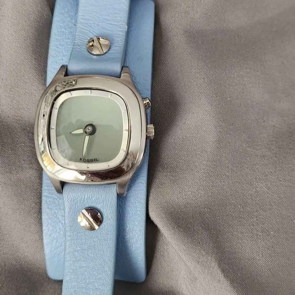 Fossil Big Tic Watch Blue Leather Cuff Strap Stainless Steel JR-8123 Y2K Vintage